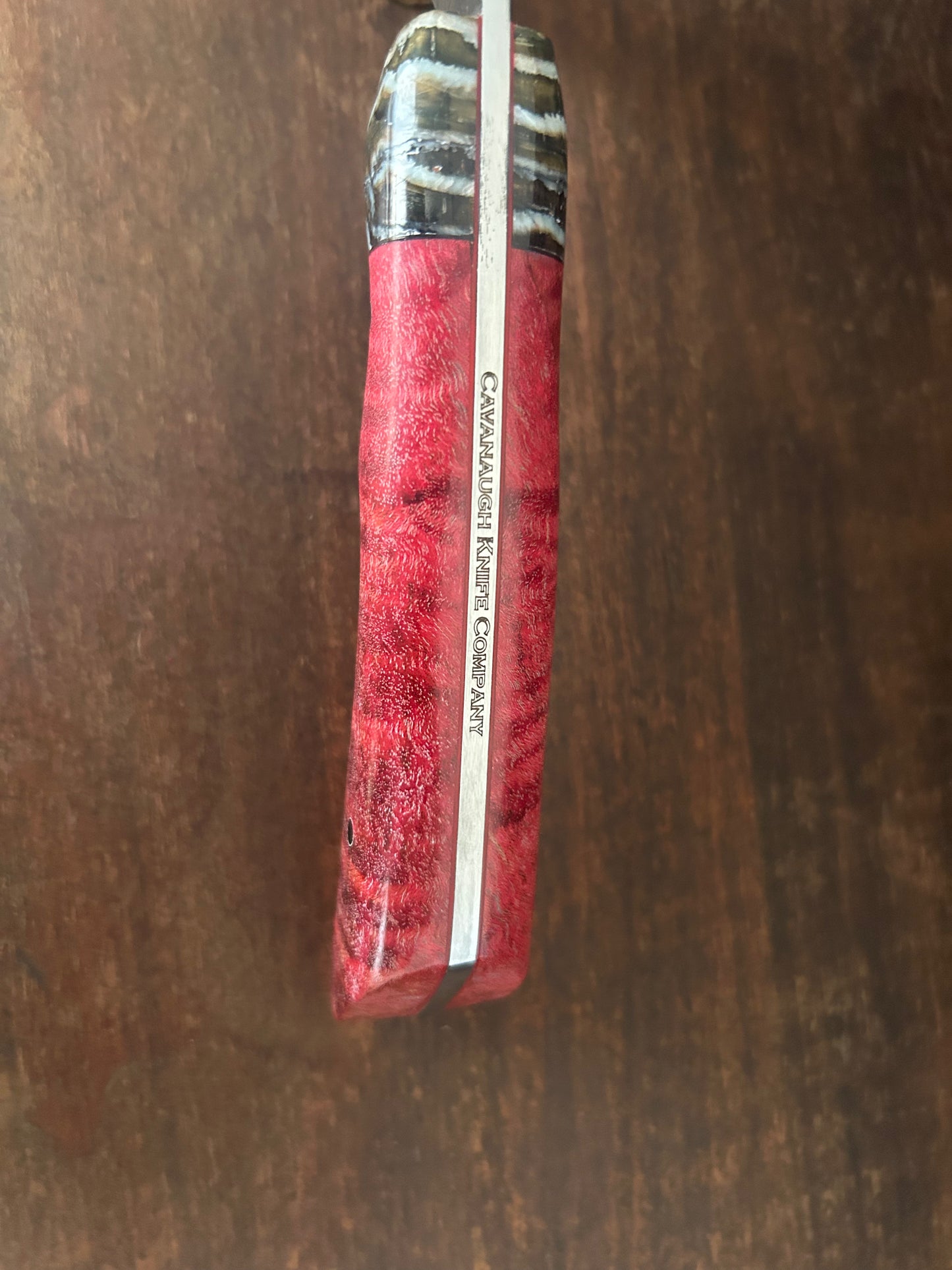 Custom Damascus Woolly Mammoth Tooth & Dyed Red Spalted Curly Maple