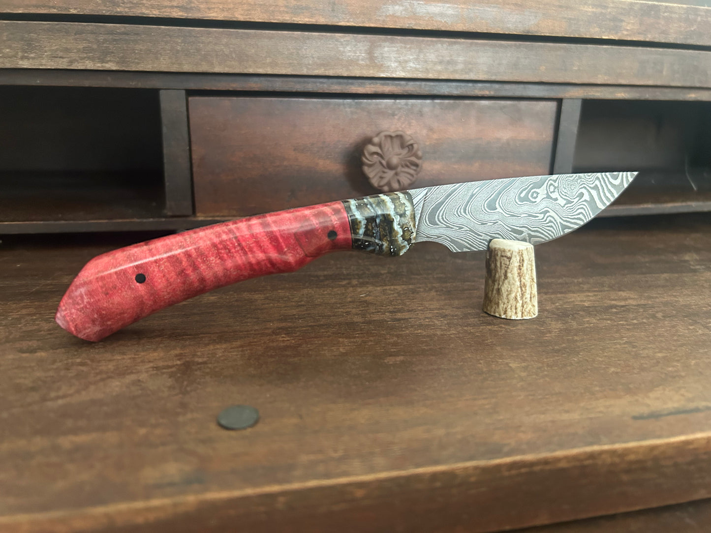 Custom Damascus Woolly Mammoth Tooth & Dyed Red Spalted Curly Maple