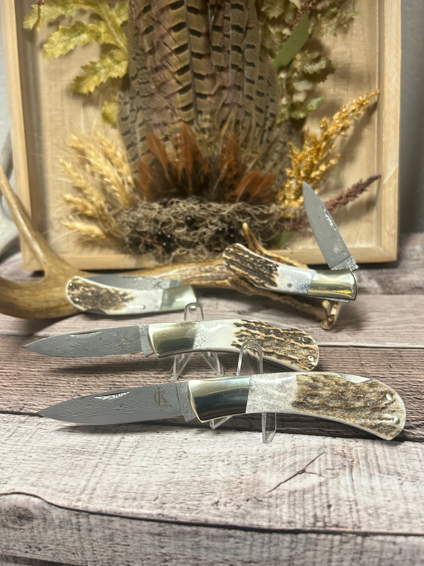 Damascus Antler Folding Knife