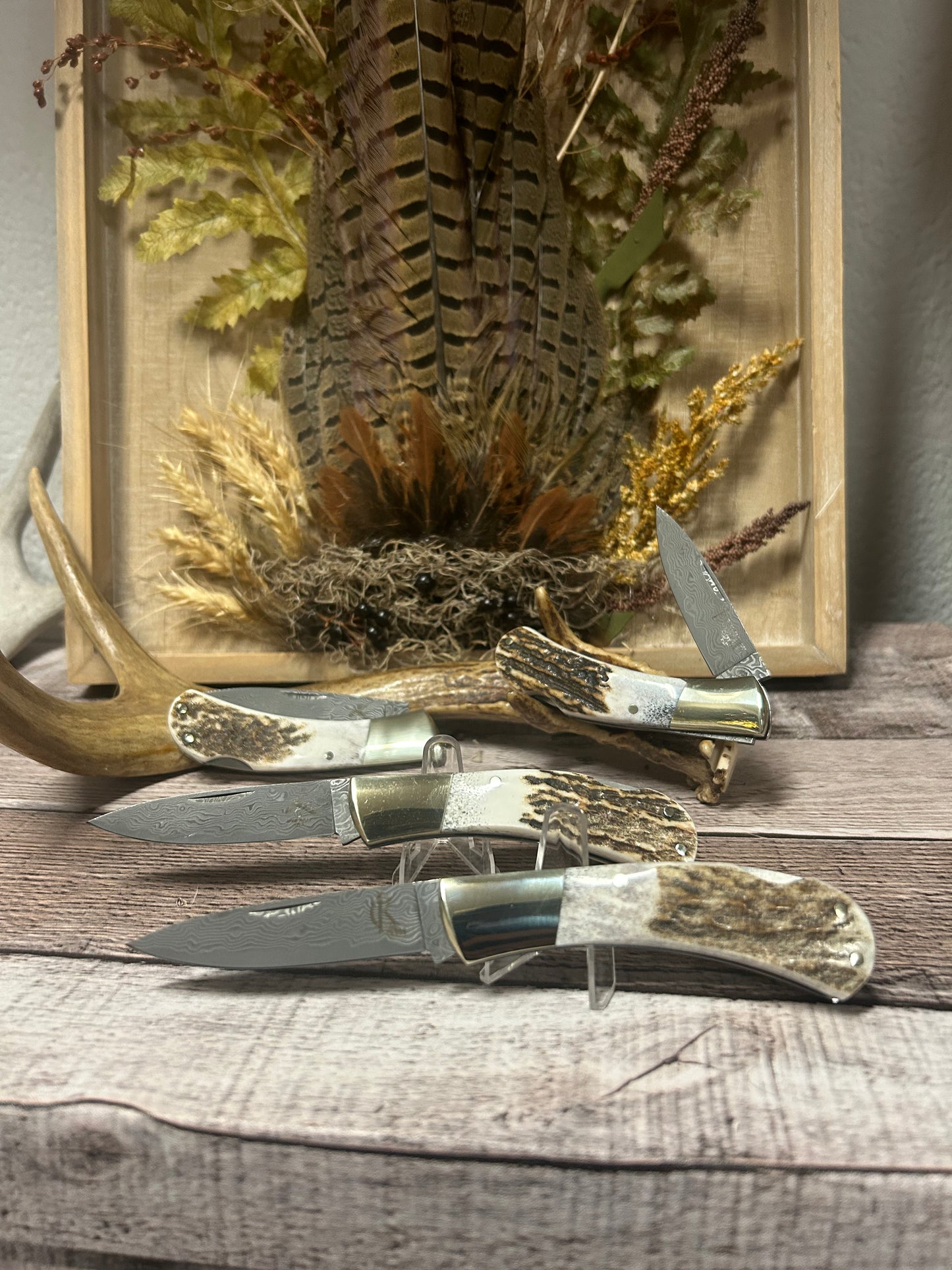 Damascus Antler Folding Knife