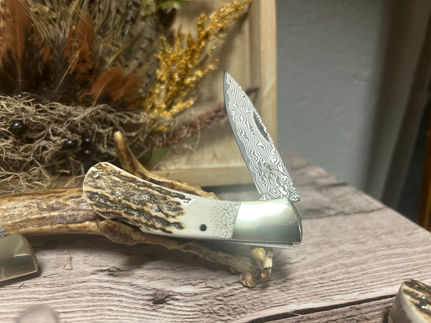 Damascus Antler Folding Knife